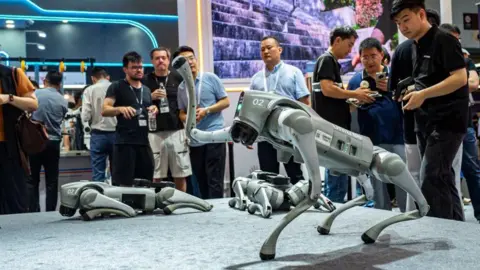 VCG via Getty Images A Unitree robot dog waves at the crowd at a tech convention in  China.